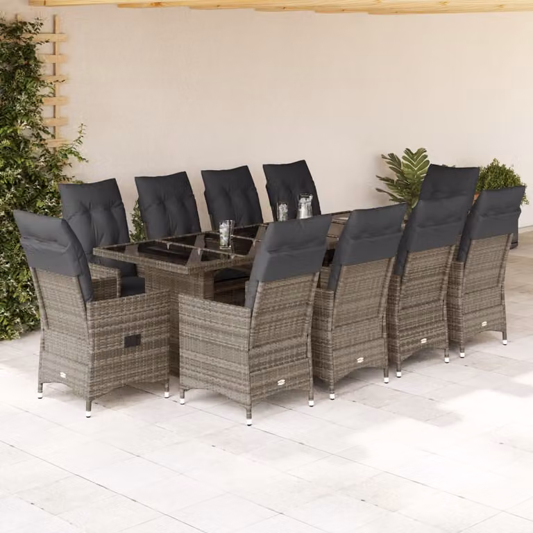 Set Bistrò da Giardino vidaXL 11 pz in Polyrattan e Metallo con Piano in Vetro Grigio