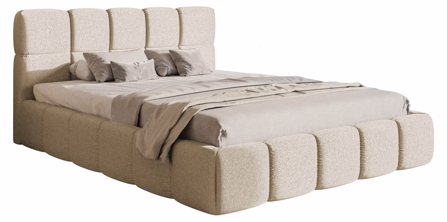 Selsey Cloudy – Letto imbottito 120x200 cm, contenitore e rete a doghe, ciniglia beige chiaro