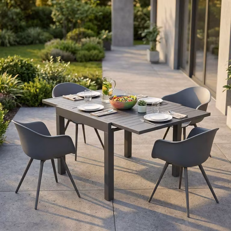 Milani Home - Set tavolo in alluminio cm 90/180 x 90 x 75 h con 4 poltrone da giardino per esterno colore taupe - Taupe