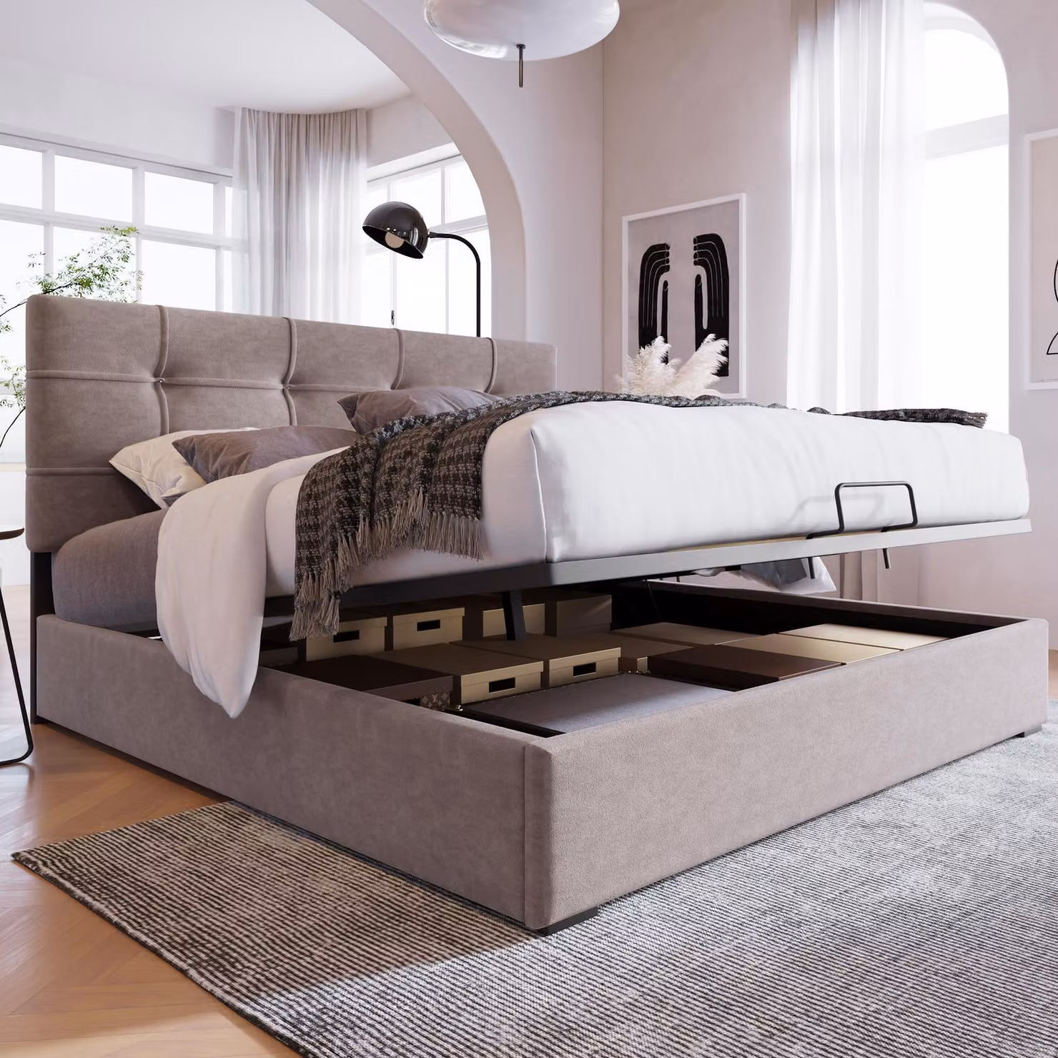Letto imbottito 140x200 cm con spazio contenitore a sollevamento idraulico, poggiatesta regolabile in altezza e rete a doghe, struttura in velluto color grigio chiaro