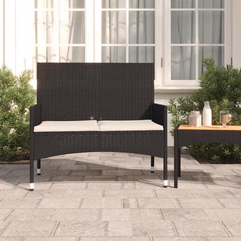 vidaXL Panca da Giardino a 2 Posti in Polyrattan e Metallo con Cuscini in Tessuto, Colore Nero e Beige
