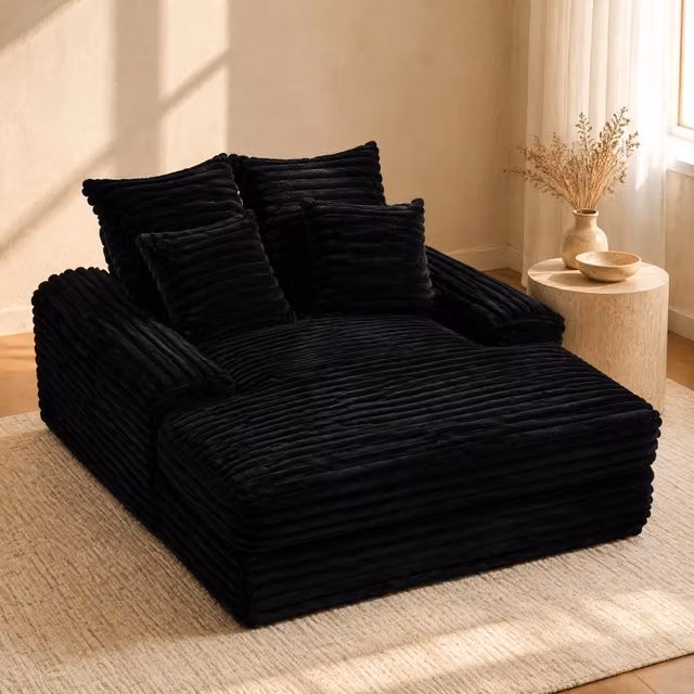 Chaise longue FOLYNA in velluto a coste nero con 4 cuscini removibili e imbottitura in memory foam L/P/H: 135 x 165 x 58 cm