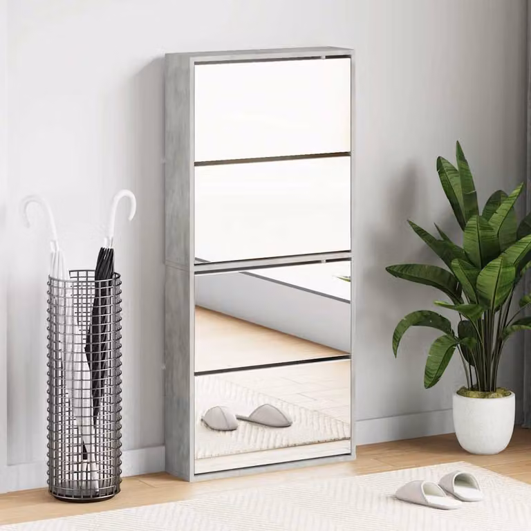 Scarpiera moderna vidaXL con specchio e scomparti basculanti, Grigio, L: 63 cm, P: 17 cm, H: 134 cm