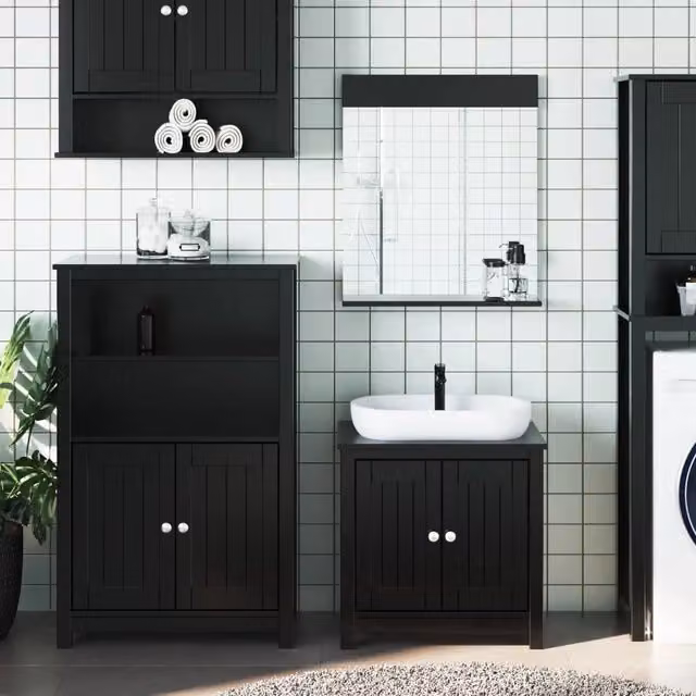 Set Mobili da Bagno 3 pz BERG Nero in Legno Massello di Pino 3206499