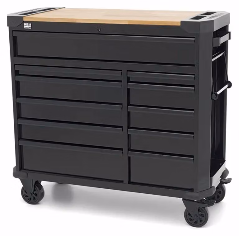 Carrello portautensili professionale in metallo per officina con 11 cassetti e ruote-mobile 109 cm ,portattrezzi con piano di lavoro in legno massiccio Hbm Machines Olanda