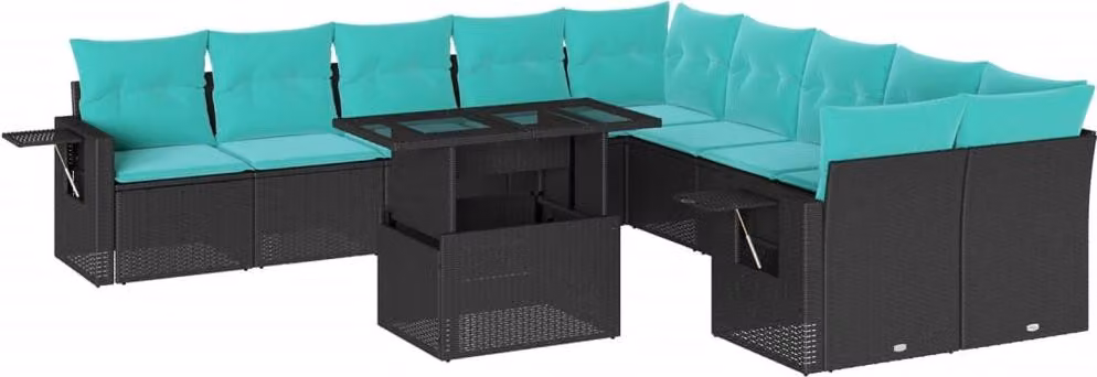 set di divani da giardino da 11 pezzi con cuscini, in polyrattan nero
