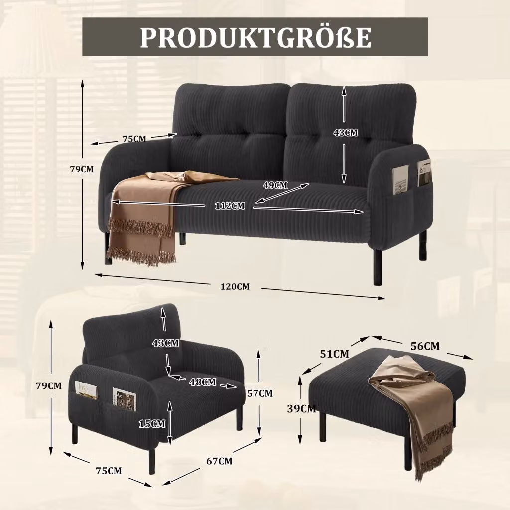 Set di arredamento moderno WISHDOR composto da divano a 2 posti, poltrona e pouf in tessuto velluto a coste grigio – 2