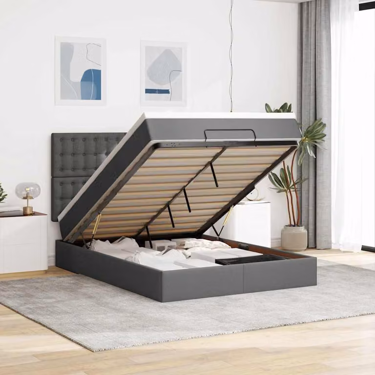 Letto con contenitore a sollevamento e materasso vidaXL in tessuto grigio e bianco, L/P/H: 200 x 140 x 28 cm