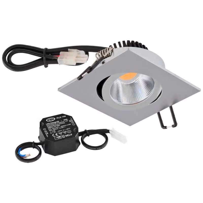 EVN P-LED da incasso a soffitto, quadrato, orientabile, cromo opaco (STL) IP20 8,4 W 3000 K 1010 lm 90 Ra dimmerabile, diametro di incasso 68 mm
