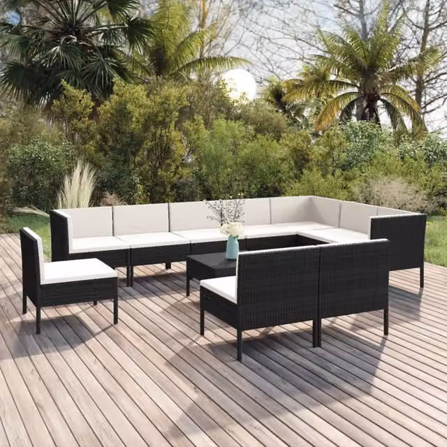 Set di divani da giardino vidaXL a forma di U composto da 11 pezzi con tavolino da caffè e cuscini, nero e bianco – 1