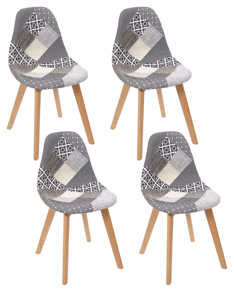 Set di 4 sedie patchwork, design scandinavo, dimensioni 58x86,5x47 cm, colore bianco/grigio