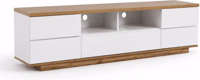 Mobile TV Moderno Arreditaly in MDF Bianco e Rovere con 4 Ante, 1 Anta a Ribalta e 2 Vani a Giorno con Passacavi, L/P/H: 180 x 38 x 46 cm