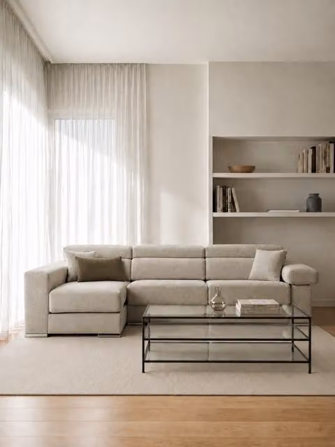 Divano Dolmen Kenay Home con chaise longue sinistra, 4 posti, colore perla, reclinabile ed estraibile, L: 278 cm