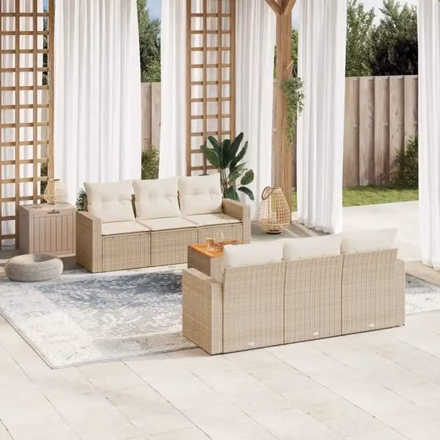 Set di divani da giardino VIDAXL in polyrattan beige con cuscini, design moderno a L con orientamento a sinistra, 7 pezzi
