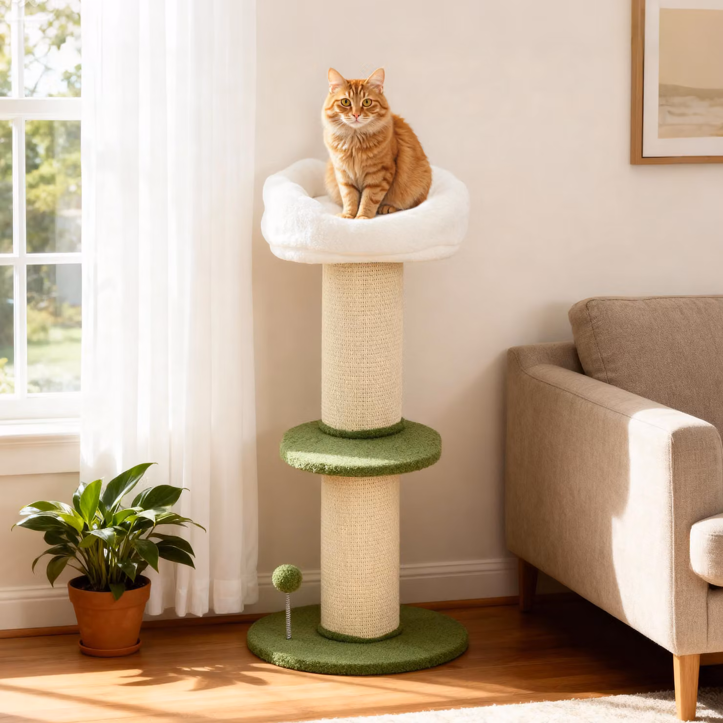 Albero Tiragraffi per Gatti PawHut con Palo in Sisal e Lettino a Forma di Fiore, Verde, Altezza: 92 cm – 2