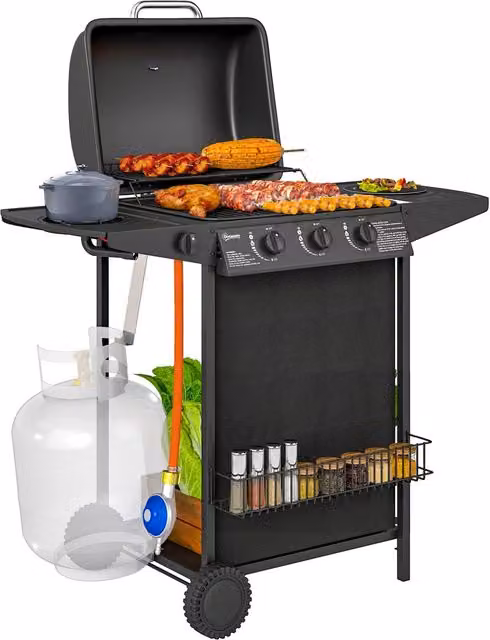 Barbecue a Gas con 4 Bruciatori Indipendenti e Coperchio con Termometro, 108x54x97 cm, Nero