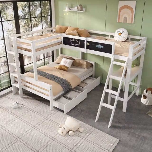 Letto a soppalco 140 × 200 cm con due letti 90 × 200 cm scrivania e cassetti in legno bianco e rovere
