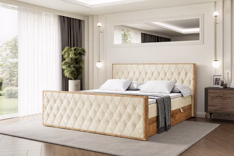 Letto boxspring ALTDECOR con materasso e rete a doghe, topper, pediera, letto imbottito con contenitore, letto con spazio contenitivo, materasso H4, letto matrimoniale, letto a cassettoni - LOLLI5-Z - 160x200 - Beige Monolith