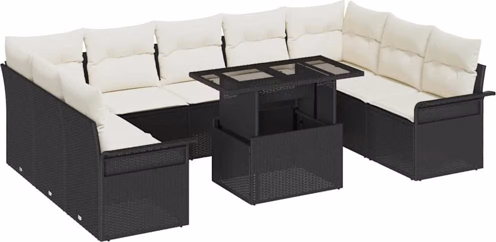 Set Divano da Giardino con cuscino 10 pcs Nero Poly Rattan