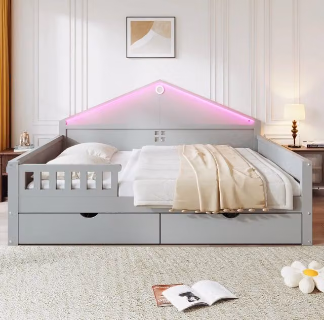 Letto 140x200 cm con LED e cassetti; grigio