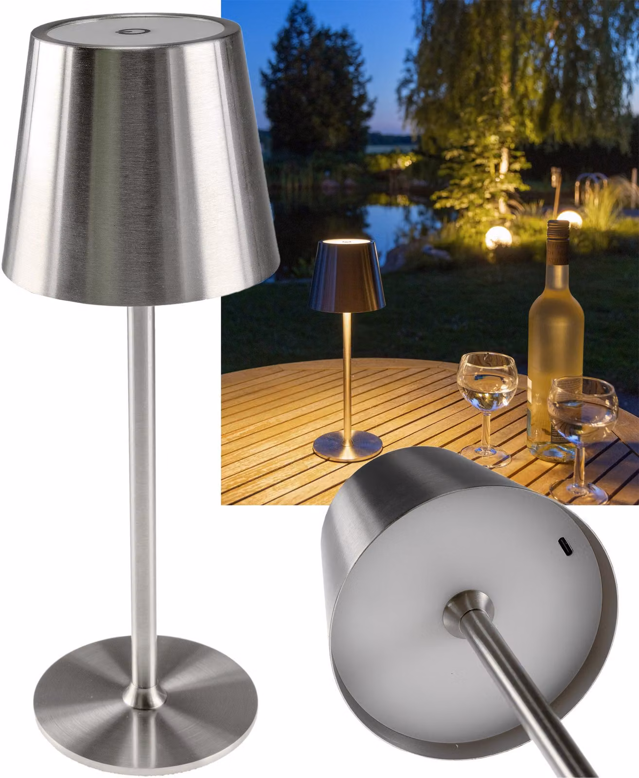 ChiliTec lampada da tavolo a batteria dimmerabile USB ricaricabile acciaio inox argento