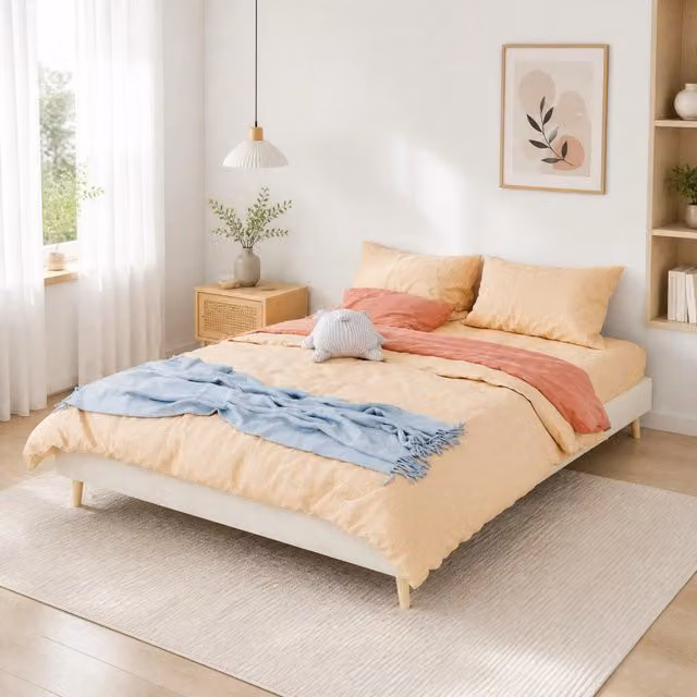 Letto Piattaforma Moderno REDOM in Tessuto e Metallo Beige L: 160 cm, P: 200 cm