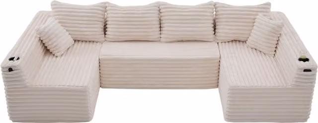 Divano a U moderno in velluto a coste beige Aosom Italy con cuscini decorativi e portabicchieri