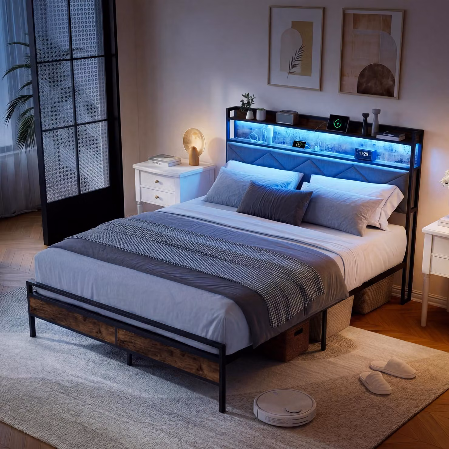 ProximaX 140x200 cm, struttura letto in metallo e legno con LED RGB, testiera con vano portaoggetti e stazione di ricarica USB, venature scure / grigio