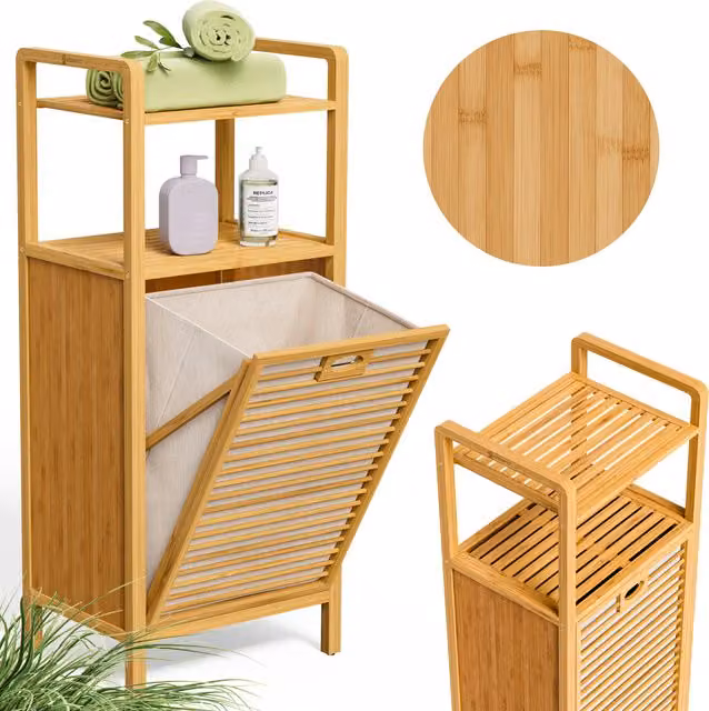 Mensola da bagno con cesto portabiancheria Casaria® in bambù marrone da 43l