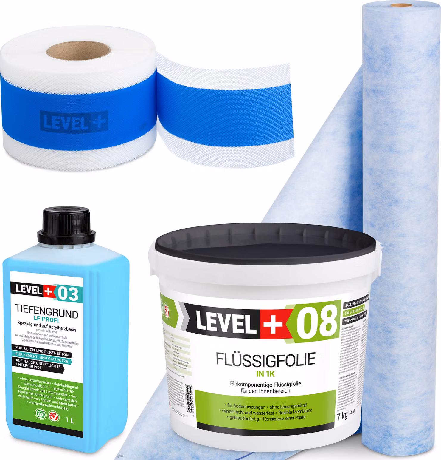 Kit di impermeabilizzazione Foglio liquido 7 kg Nastro sigillante 5 mb Tappetino 1 mb Sottosmalto Bagno doccia - LEVEL+ SET311