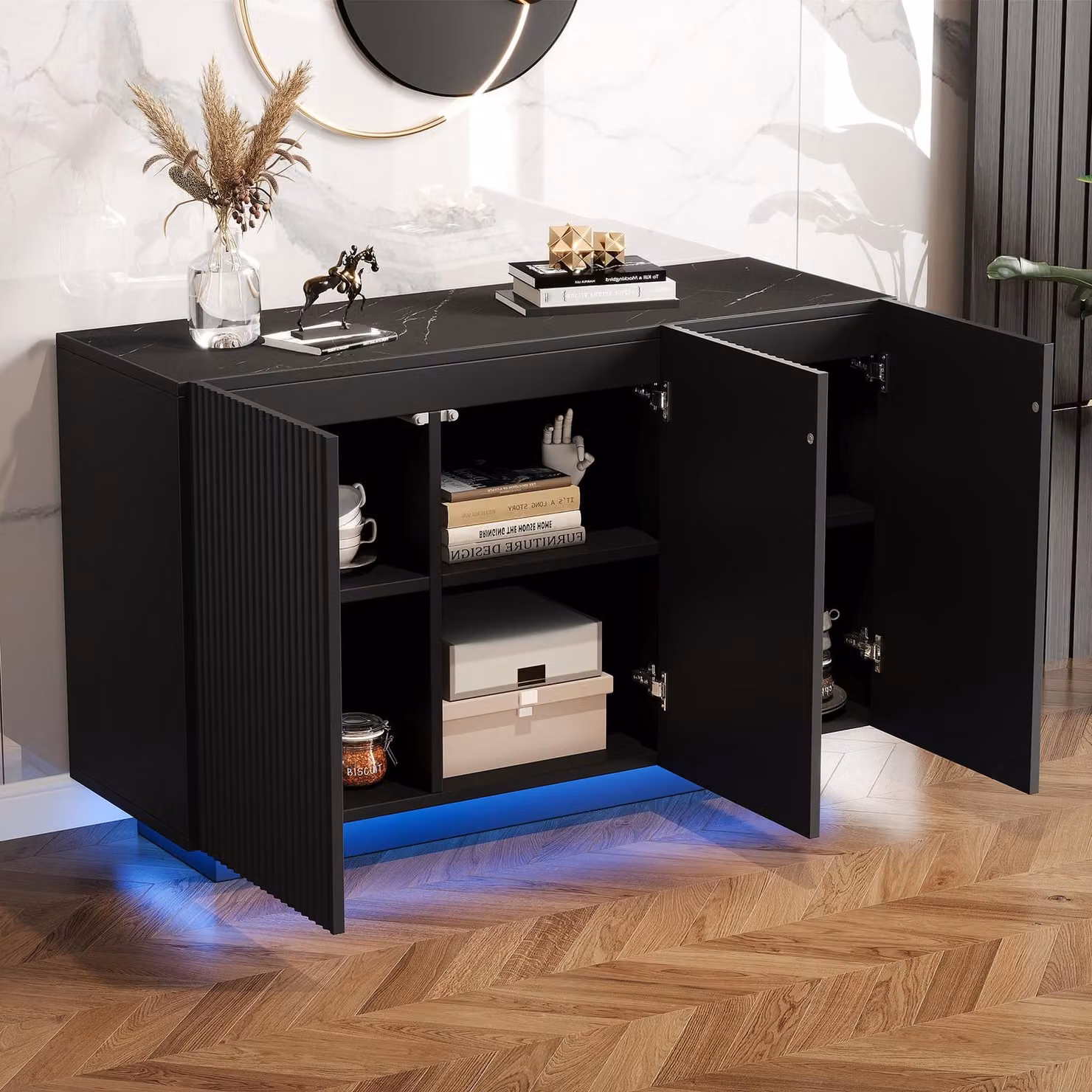 Mobile contenitore laterale STILVORA con illuminazione a LED e controllo Bluetooth, mobile per il soggiorno con motivo a righe verticali, credenza dall'aspetto marmorizzato, colore nero