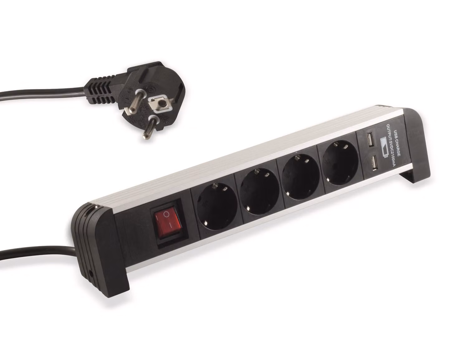 Presa da tavolo in alluminio, 4 vie, 2x USB