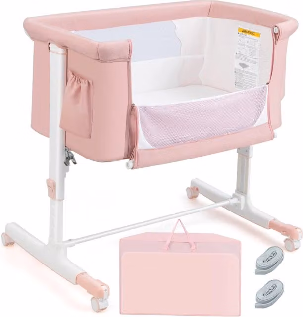 Culla per bambini 3 in 1 DESIGN IN con 5 livelli di altezza regolabili, borsa da viaggio e traversina inclusa, colore Rosa