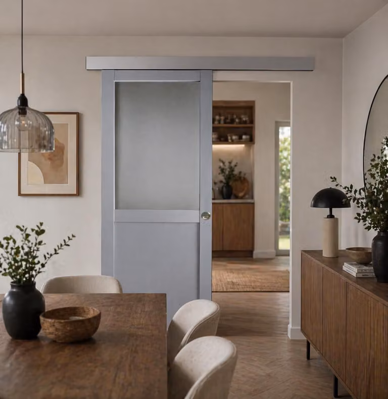 Porta scorrevole Athena Grigio Chiaro con Vetro H204 x L83 cm, binario in alluminio, gusci GD MENUISERIES