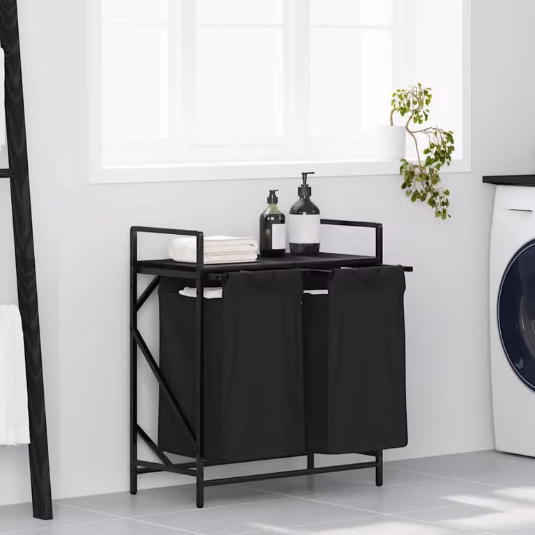 vidaXL Cesto per la Biancheria a 2 Scomparti con Ripiano, Nero, L: 77,0 cm, P: 67,0 cm, H: 33,0 cm