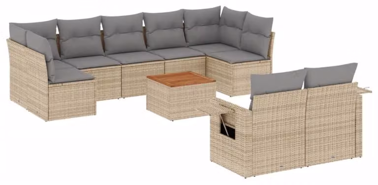 Set da salotto da 10 pezzi, color beige misto - 10 posti a sedere - rattan sintetico