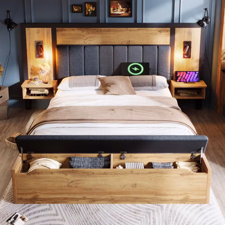 Letto matrimoniale 180x200, lampada da lettura, porta USB-C, comodino, panca con spazio contenitore, rete a doghe, senza materasso.
