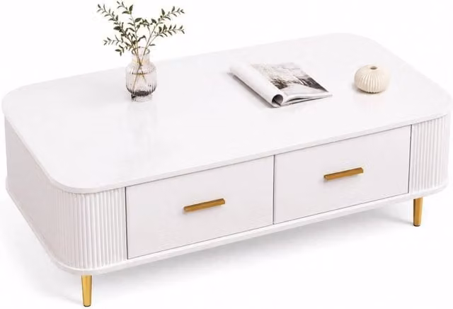 Tavolino da caffè moderno REDOM in MDF bianco e oro con angoli arrotondati L: 105 cm, P: 51 cm, H: 38 cm