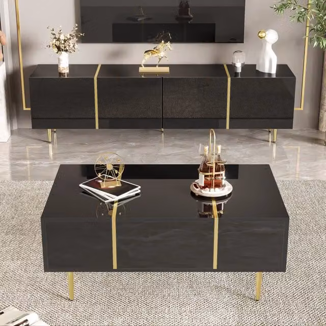 Set Mobile TV e Tavolino da Salotto Nero Lucido in MDF; Mobile Porta TV 170 cm con 4 Ante e Tavolino con Cassetti; Dettagli Oro