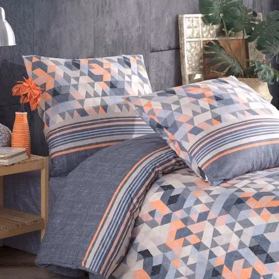 Set di biancheria da letto Reca Home in 100% cotone popeline con disegno geometrico moderno, grigio, arancione e antracite, composto da 1 copripiumino 135 x 200 cm e 1 federa 80 x 80 cm con chiusura a zip