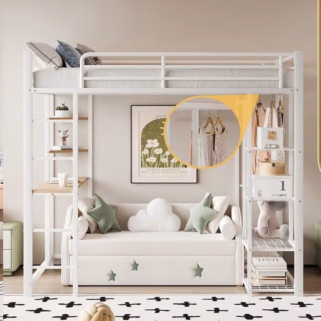 Letto a castello 140x200 cm - Xylo - Bianco con scala, scrivania e spazio di archiviazione
