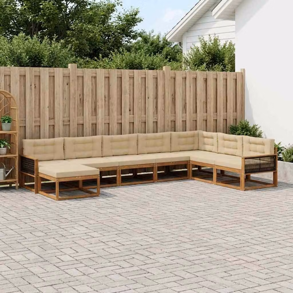 Set di divani da esterno vidaXL a forma di L in legno di acacia con cuscini, 8 pezzi, Marrone e Beige