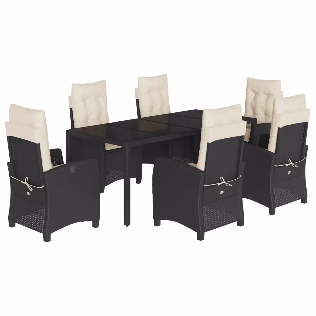 Set da Pranzo da Giardino vidaXL in Polyrattan e Metallo con Piano in Vetro, 7 Pezzi, Nero e Bianco – 2