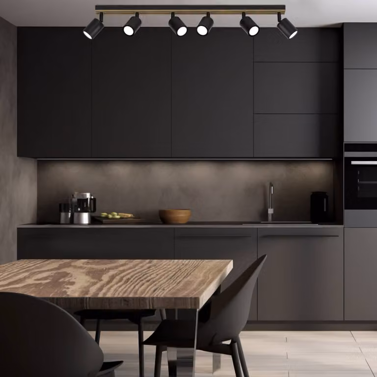 Faretto da soffitto Tino, nero/legno, a 6 luci, 80 cm Tino Luminex, dimmerabile, Nero, Soggiorno / Sala da pranzo, Metallo, Faretto alogeno