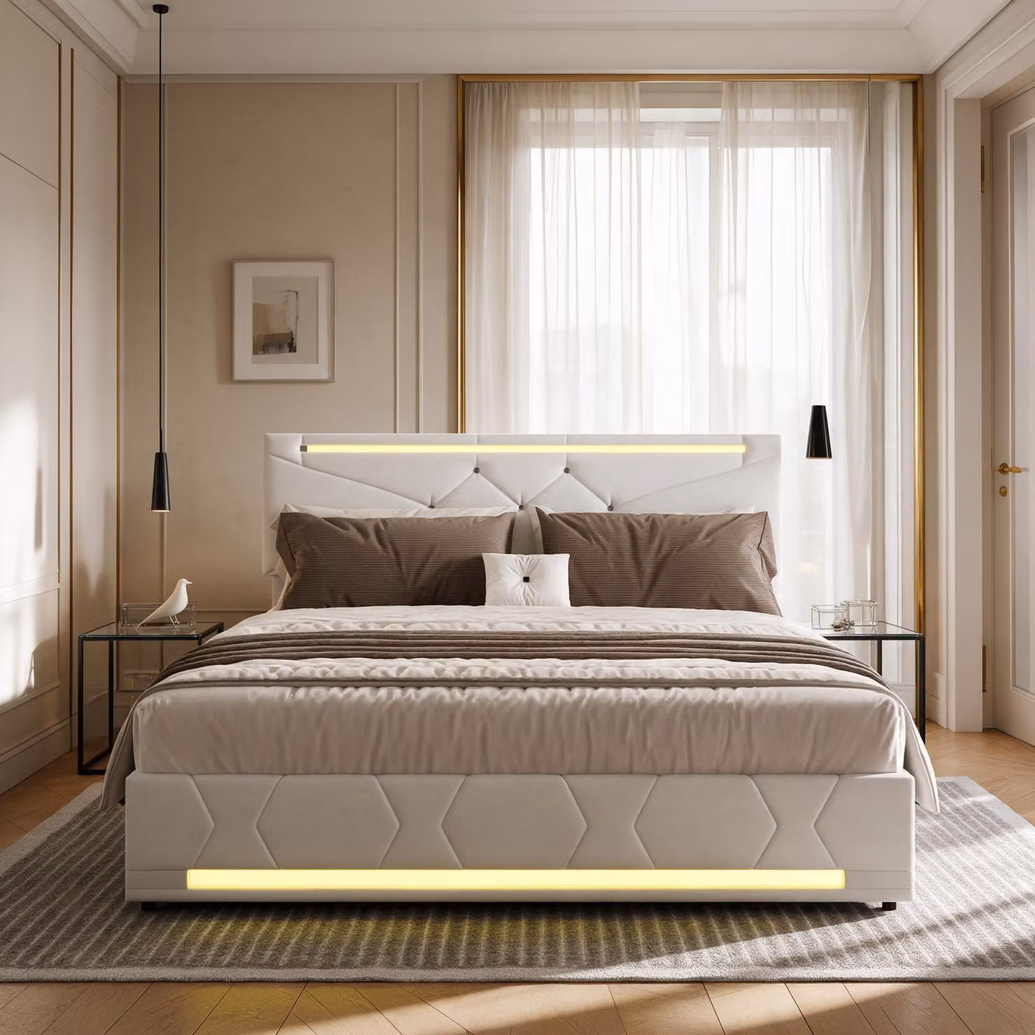Letto imbottito INONEFT, 160x200 cm, con sistema di sollevamento idraulico, illuminazione a LED e prese USB, letto per giovani con poggiatesta regolabile, color beige