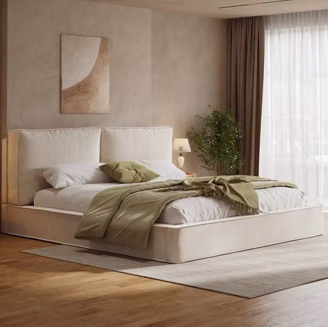 Letto matrimoniale imbottito ULEVR 180x200 cm con rete a doghe e testiera in ciniglia beige