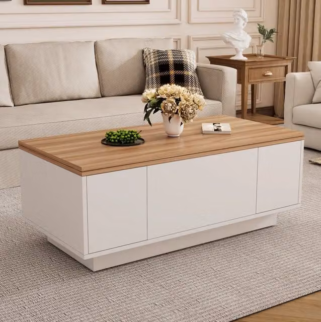 Tavolino da caffè 100x50x55.5 cm; doppio piano sollevabile con vano nascosto; pannello truciolare bianco