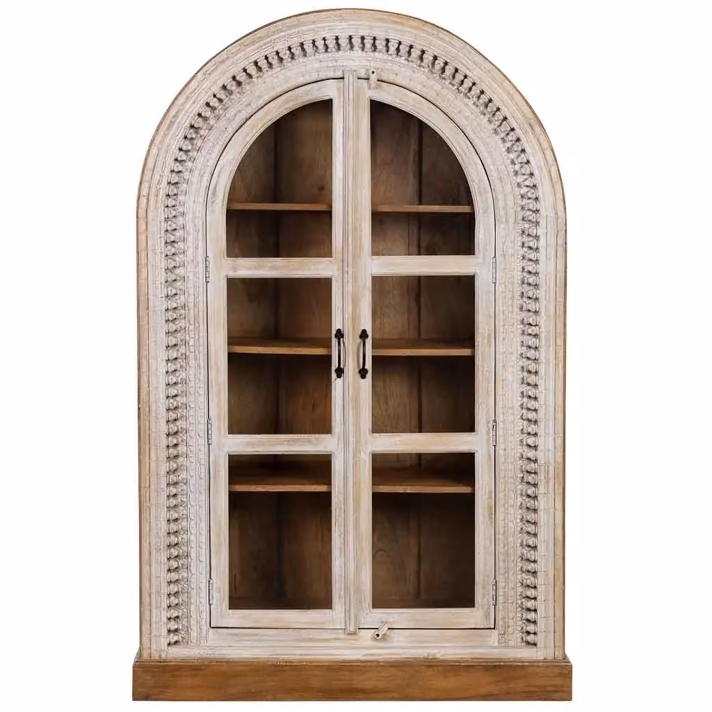 Vetrina WANDERLUST DECO in legno di mango bianco con ante in vetro e ripiani interni L: 112 cm, P: 41 cm, H: 181 cm – 2