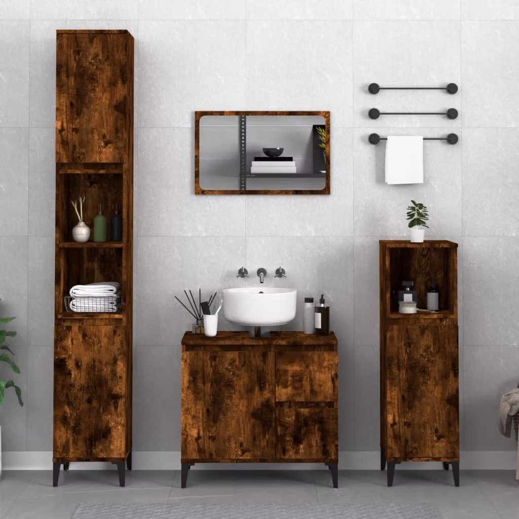 Set di mobili da bagno moderno vidaXL in legno e metallo color rovere fumo, composto da 3 pezzi con mobile lavabo e colonna, L/P/H: 65 x 33 x 190 cm