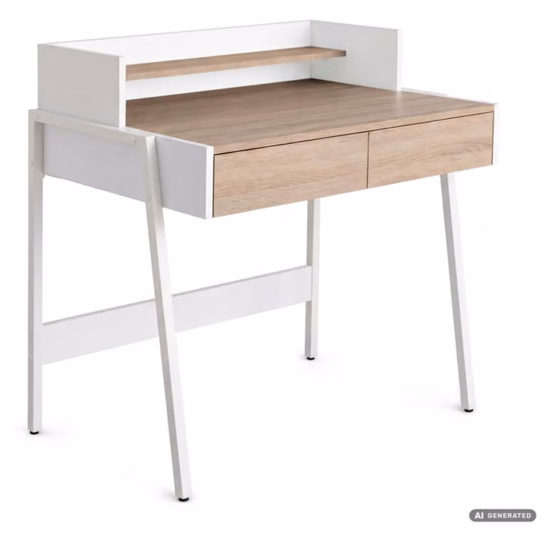 Scrivania industriale per computer Rovere Sonoma FLUX 78 cm 2 cassetti 1 ripiano gambe bianche